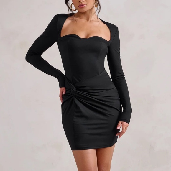 Club L London Corelle Black Long Sleeve Sweet Heart Twist Detail Mini Dress - Picture 1 of 6